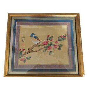 Chinese Watercolor on Silk Blue Bird on Floral Branch Framed and Matted 11x9.5